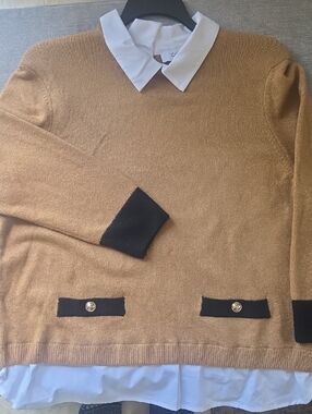 CeCe Camel Pullover Sweater with Black Trim and White Collar